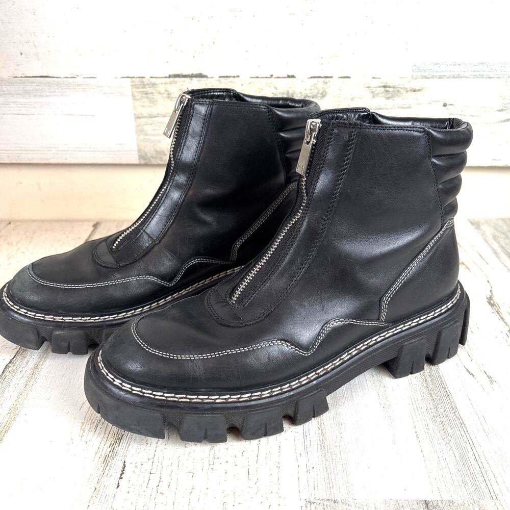 Marc Fisher Womens 7.5 Black Paralee Combat Booties Front Zip Leather Platform